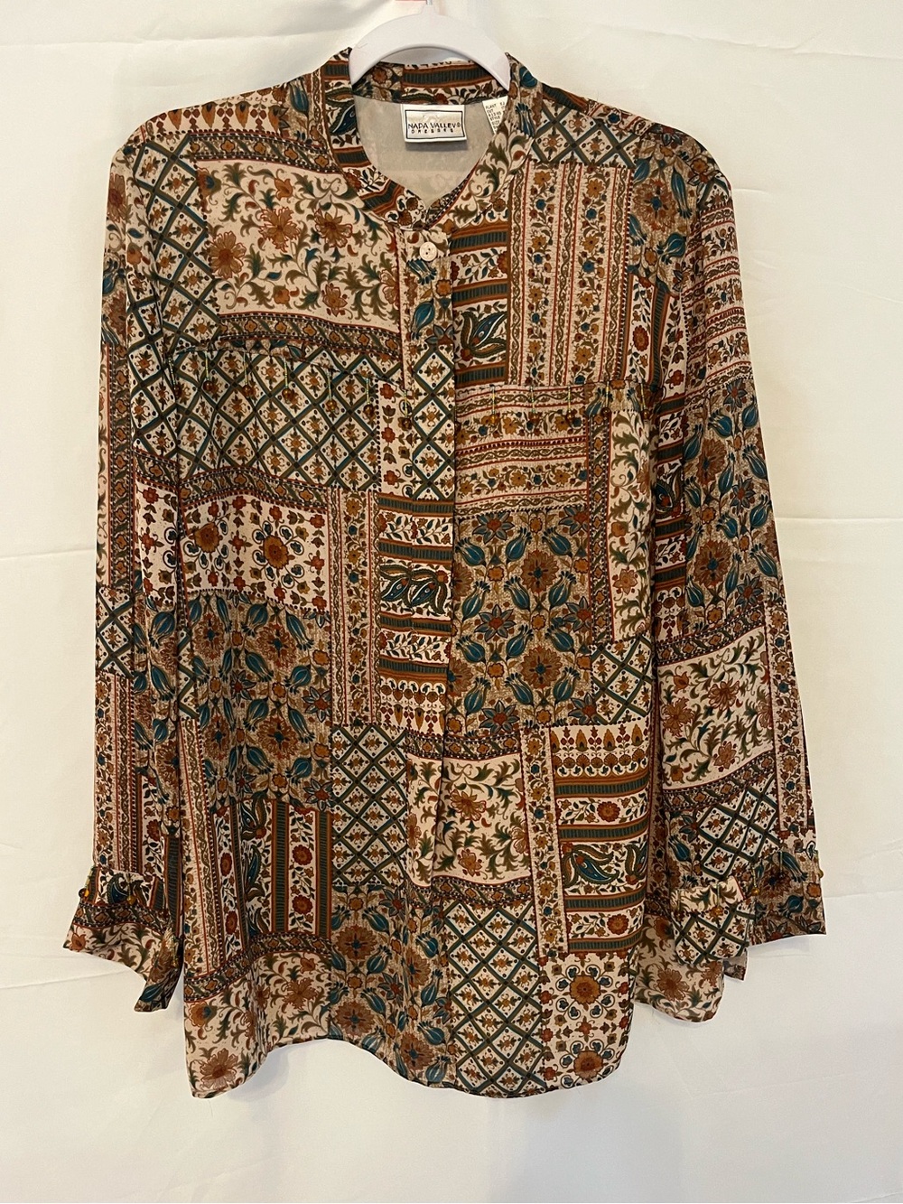 Patchwork Floral Button-Down Blouse in Brown and Teal with Beading Details